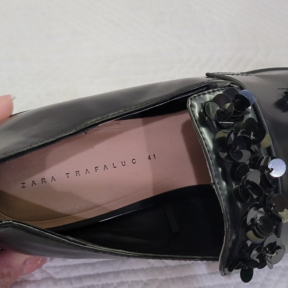 Zara black sequin patent leather loafers. - Picture 8 of 11